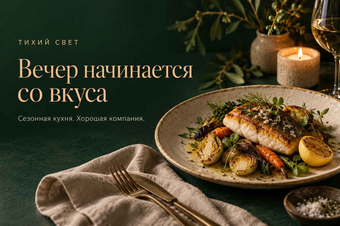 Тихий свет. Вечер начинается со вкуса. Сезонная кухня, хорошая компания.